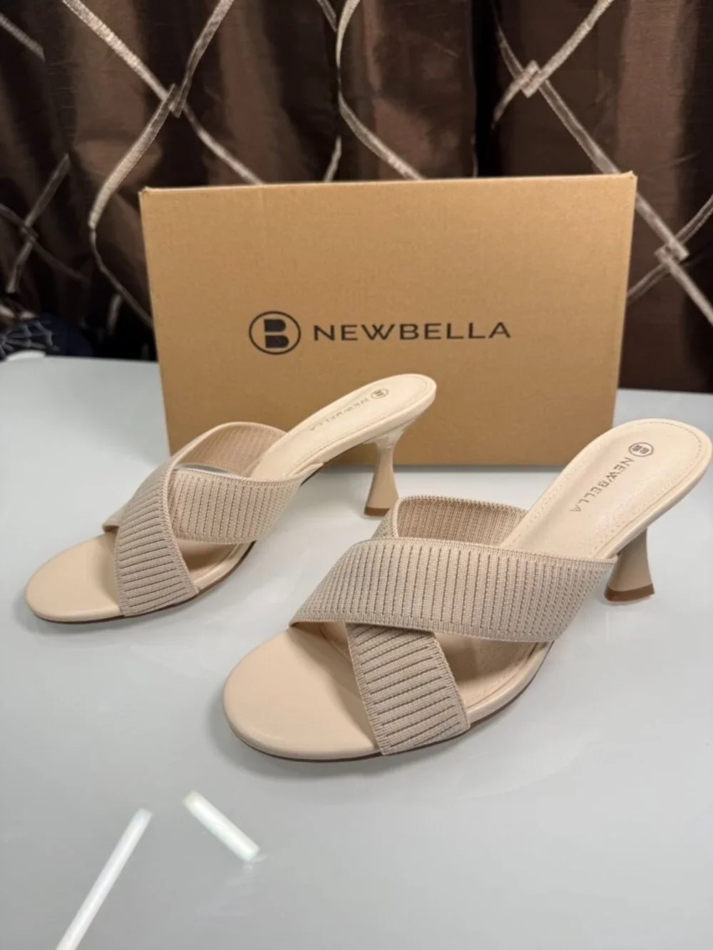 Newbella Beige Knit Criss Cross Mule Heels Sandals Size 6.5